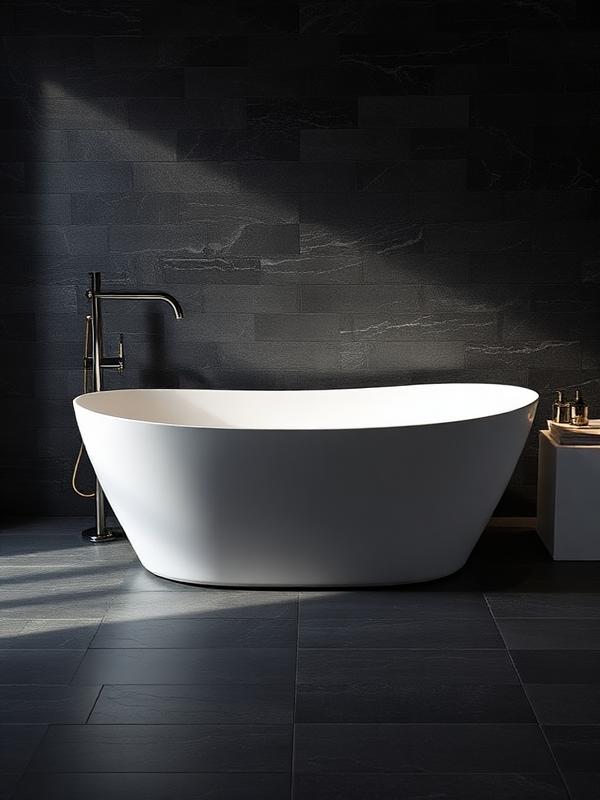 Modern matte white freestanding bathtub against dark stone