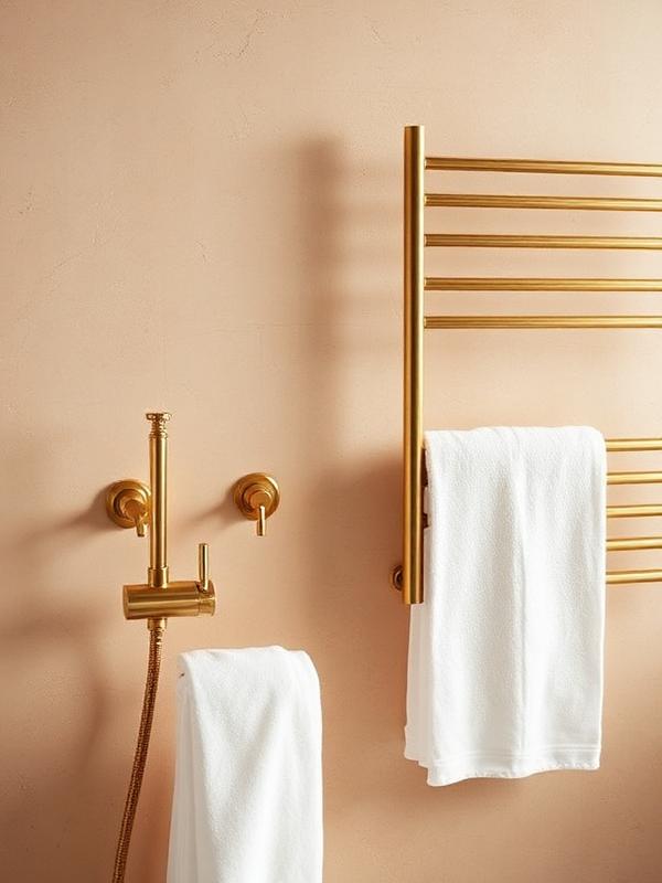 Brushed brass bathroom fixtures and towel rails
