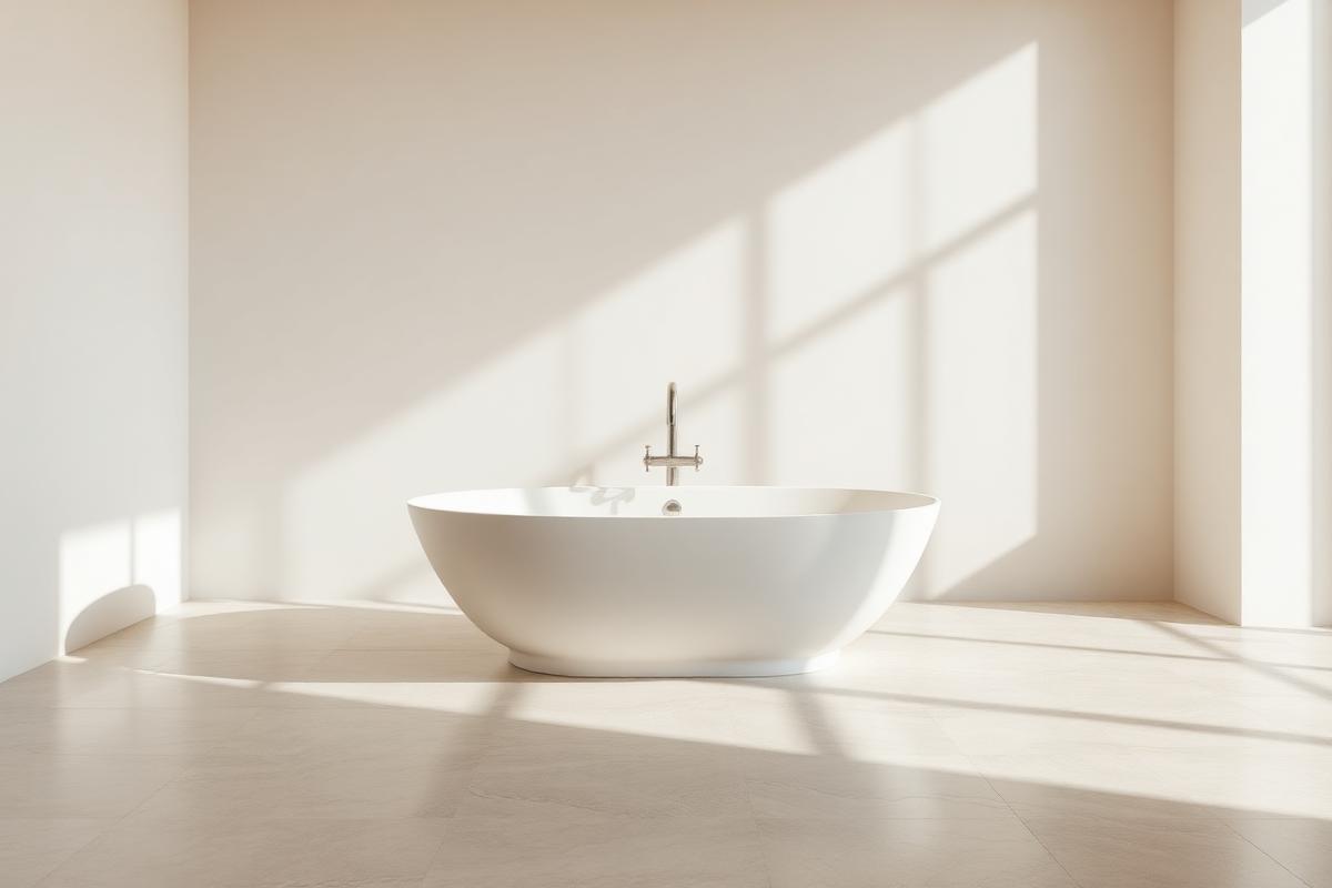 Minimalist freestanding white bathtub in a bright, sunlit room with polished stone floors