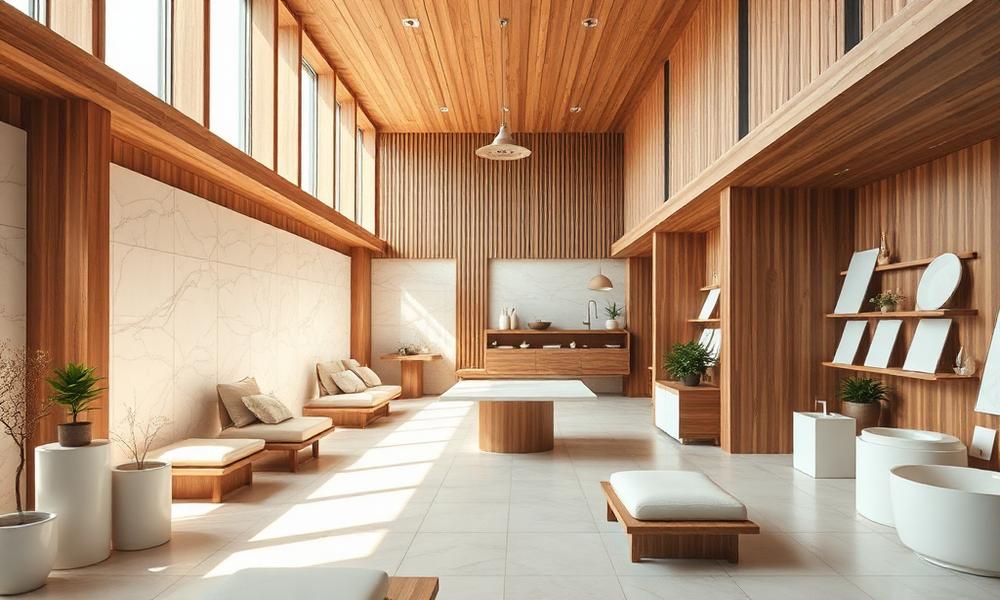 Interior of the Hakish Plus Ventures tile showroom with natural wood and white ceramics